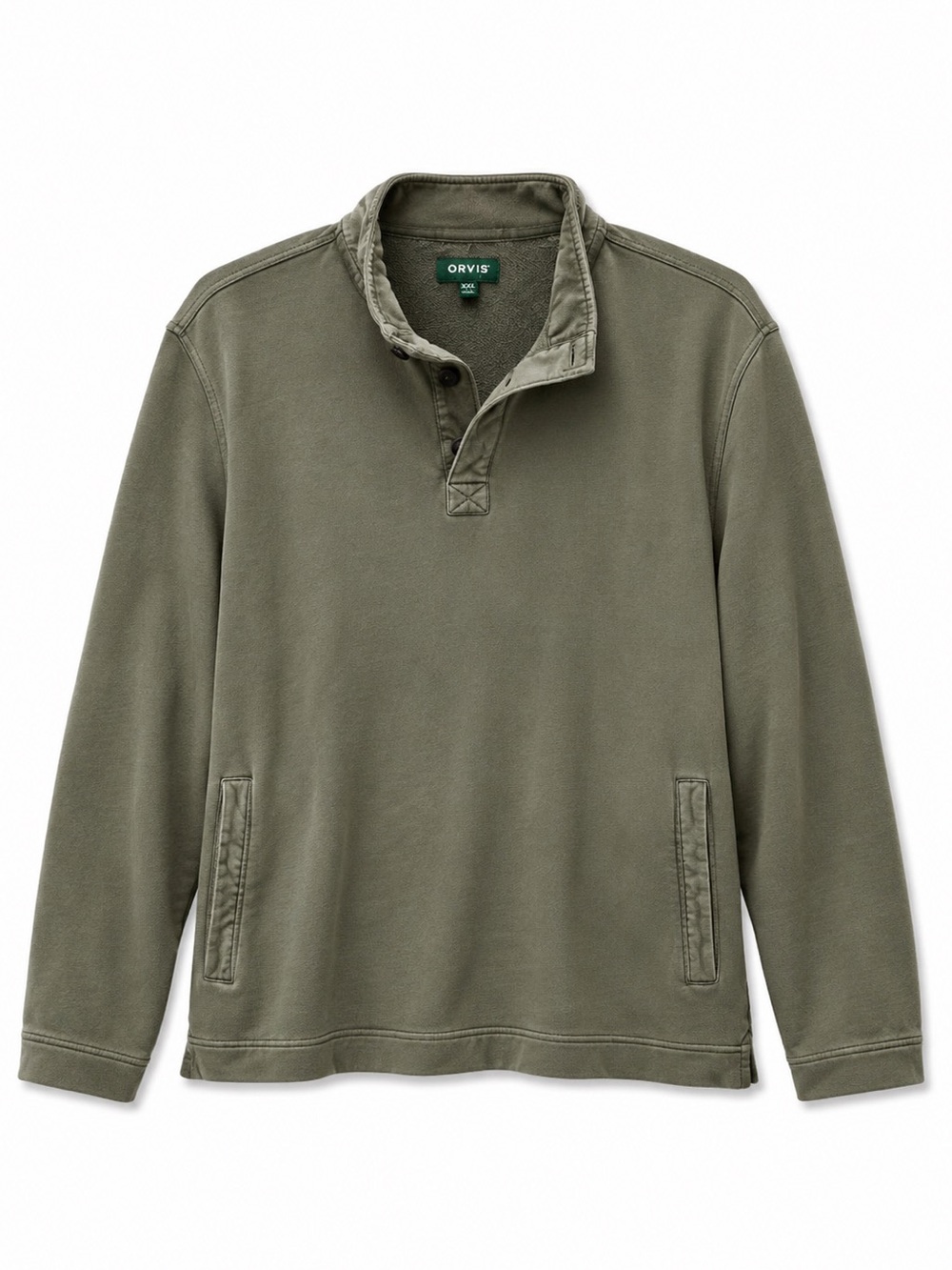 ORVIS heavy pullover sweatshirt size XXL 1/4 button collar 100% cotton olive